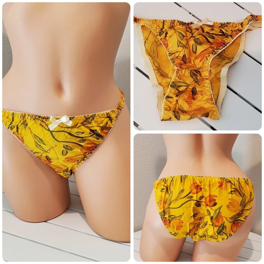 Liquid Satin String Bikini Panty Shiny Double Silk Gusset Floral Print Yellow